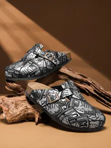 Unisex All-Season Birk Leather Sandals, Classic Random Newspaper Pattern, Adjustable Strap, Casual Outdoor Walking Shoes, Comfortable Fit, Casual Shoes Clogs, Slip On Clog