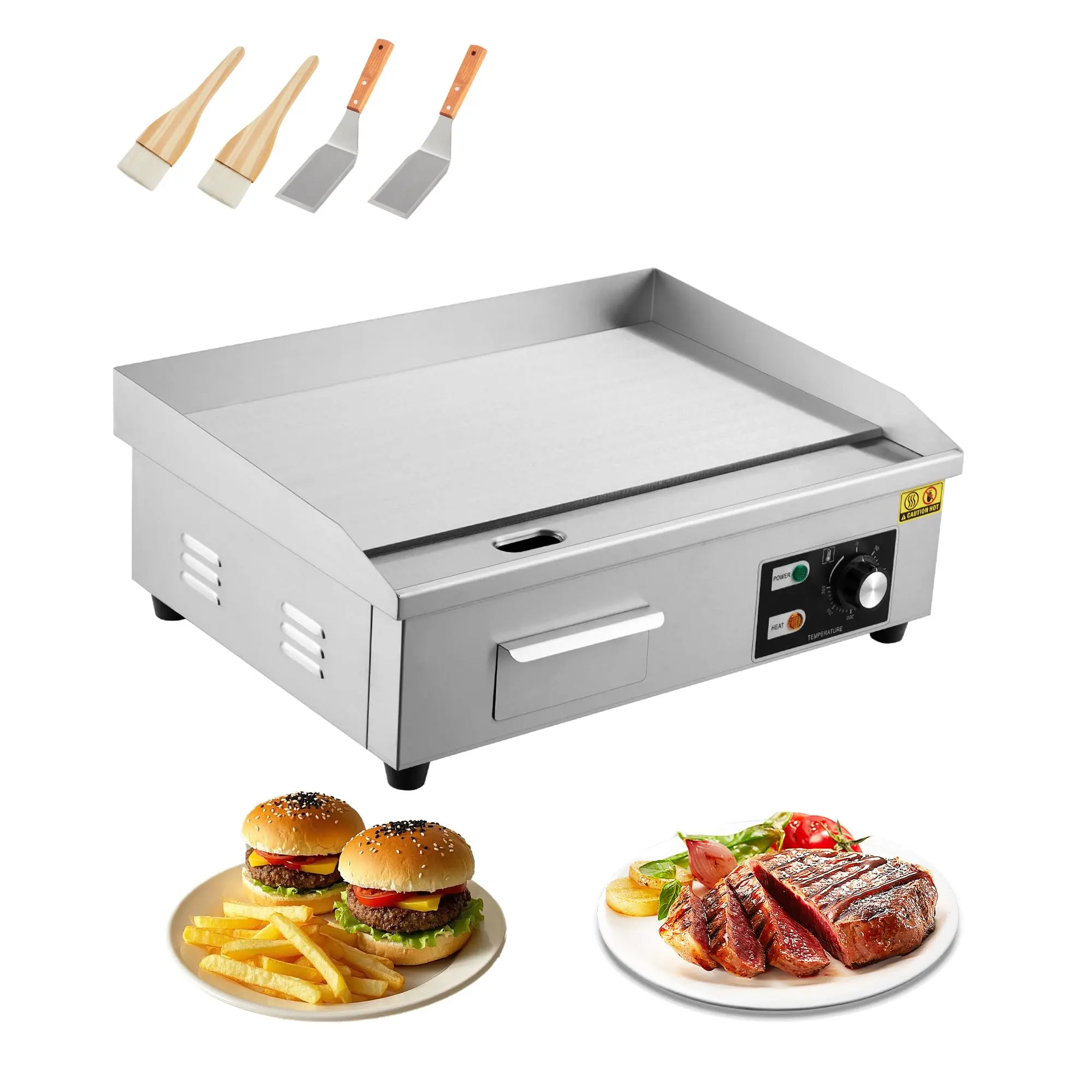 Garvee 21 Inch Commercial Electric Griddle, 1600W Flat Top Countertop Grill with 2 Shovels, 2 Brushes, Stainless Steel Teppanyaki BBQ Griddle for Home Kitchen and Restaurants