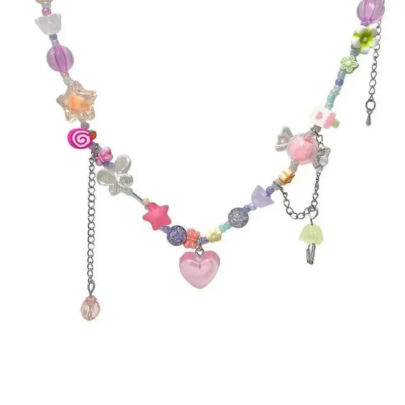 Korean Pink Beaded Peach Heart candy Pendant Necklace for Women Y2K Aesthetic Jewelry