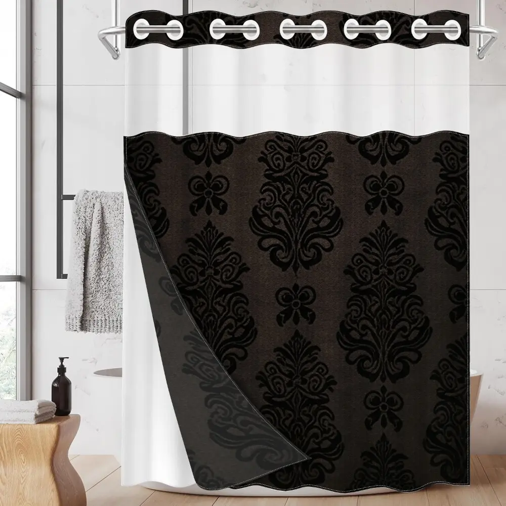 1pc hookless shower curtain with buckle lining, Aesthetic shower curtain, Bathroom Decorative Shower Curtain, dark brown vintage floral pattern, 2D flat printing, fabric waterproof lining, see-through double-layer, 71 x 74 inches, Shower Curtain No Hooks