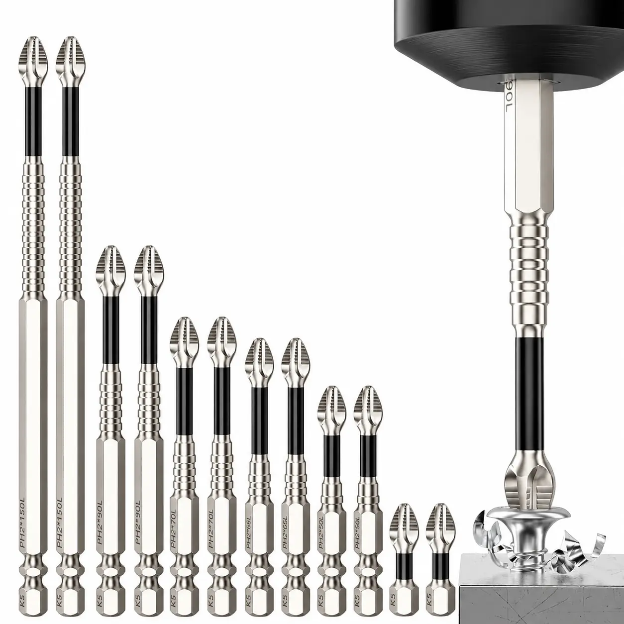 ADESKE 9PCS PH2 Magnetic Screwdriver Bit Set - S2 Impact Steel Power Tool Accessories, 1/4"-Hex Shank, Magnetic Hold, Multiple Sizes, Non-Slip, 25-150mm, for Power Drills & Electric Screwdrivers