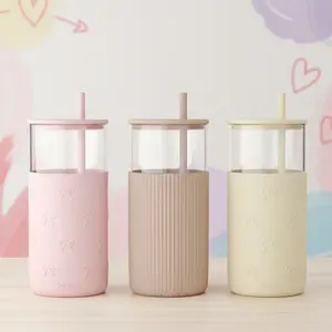 Sandjest 20oz Glass Tumbler with Silicone Sleeve & Straw, Ideal for Hot & Cold Drinks Smoothie Iced Coffee, Aesthetic Cup for Valentine Gift for Women