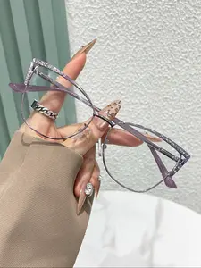 Vintage Cat Eye Stainless Steel Frame Eyeglasses, Fashionable Anti-blue Light Eyeglasses for Women & Men, Fashion Eyeglasses for Work, Daily Clothing Decor, Diamond Accents, Vintage Eyewear