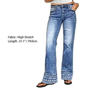 Flamingals Wash Embroidery Hem Mid Rise Bootcut Jeans