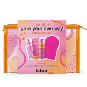 b.tan Clear Self Tanning Gel Travel Size Kit | Glow Your Own Way Gift Set - Includes Mini Dark Fake Tanner Mousse, Gradual Bronzing Face Mist, Express Transfer Free Tan Gel, & Applicator Mitt, Self Tanning Body Lotion