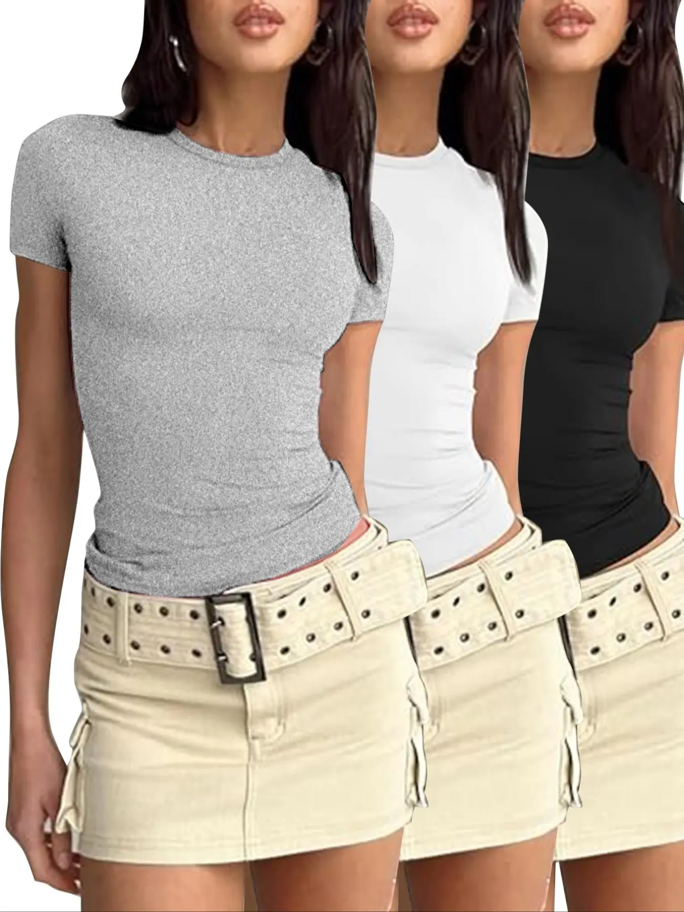 Women's 3pcs Plain Round Neck Loungewear Tee, Casual Minimalist Basic Short Sleeve Knitting T-shirt, Breathable for Daily Wear, Ladies Sleepwear, Womenswear, Summer Outfits 2024, Tops