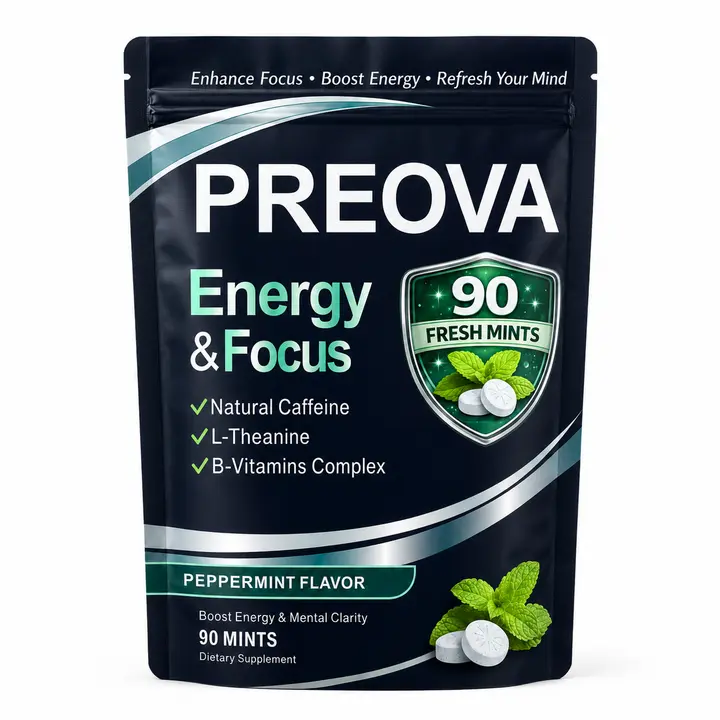 PREOVA Energy & Focus Mints, Peppermint, Natural Caffeine + L-Theanine, 90 Count
