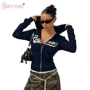 MISTY CHIC Viral Y2K California Cropped Zip-Up Hoodie with Script Letter Print, Slim Fit Streetwear Vibe, Perfect for Casual Errands, Brunch and OOTDs That Slay With Retro Cool Energy