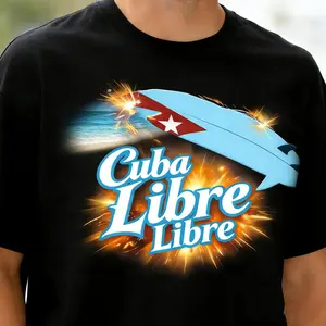 Men's Short-Sleeve Round Neck Casual T-Shirt - Classic Black Unisex Cuba Libre Graphic T-Shirt with Bold Cuban Flag Design, Shortsleeve, Graphic T Shirts