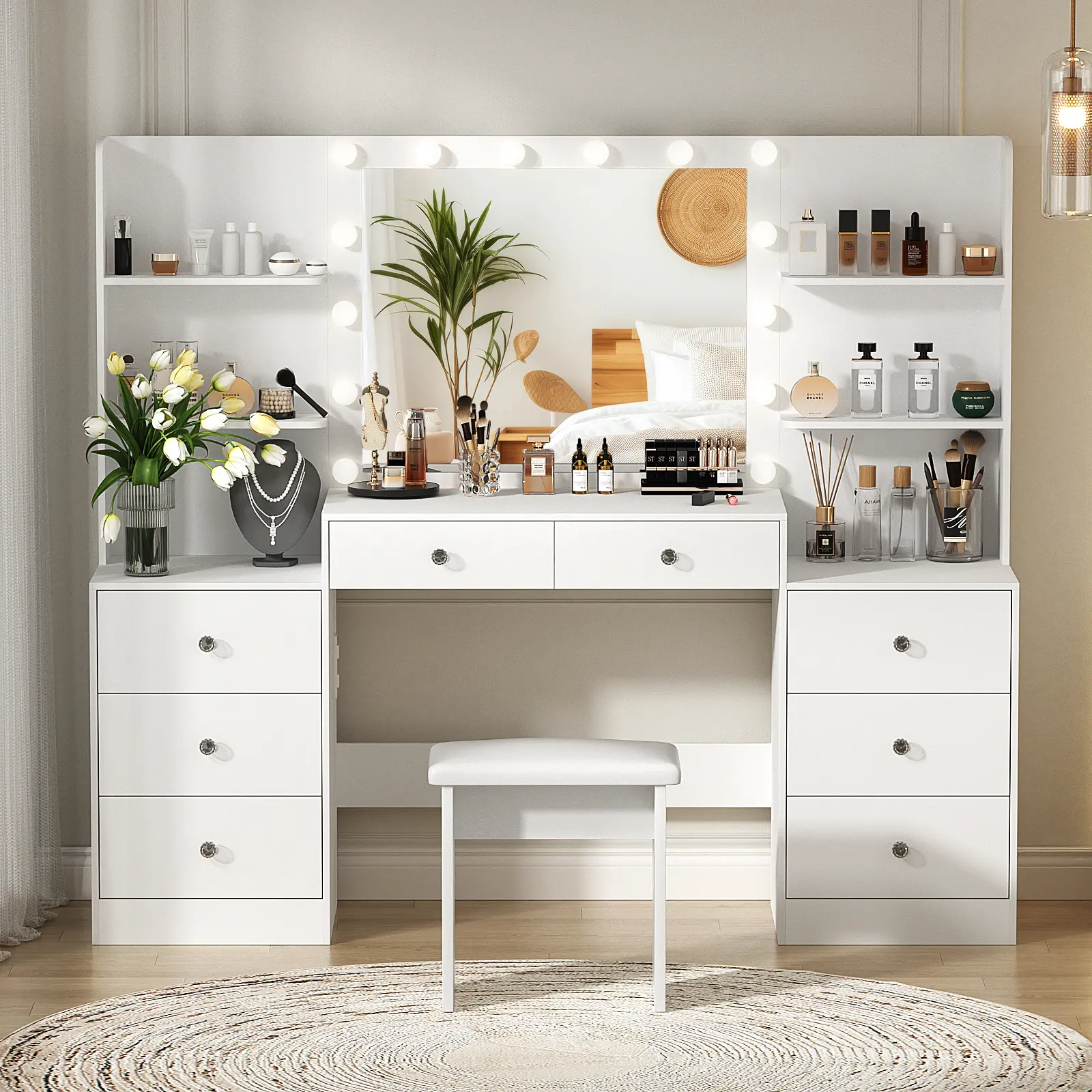 VOWNER Modern Makeup Vanity Desk with Lighted Mirror and Sturdy Stool,Makeup Table Sets with Drawers and Shelves vanity mirror Furniture Bedroom