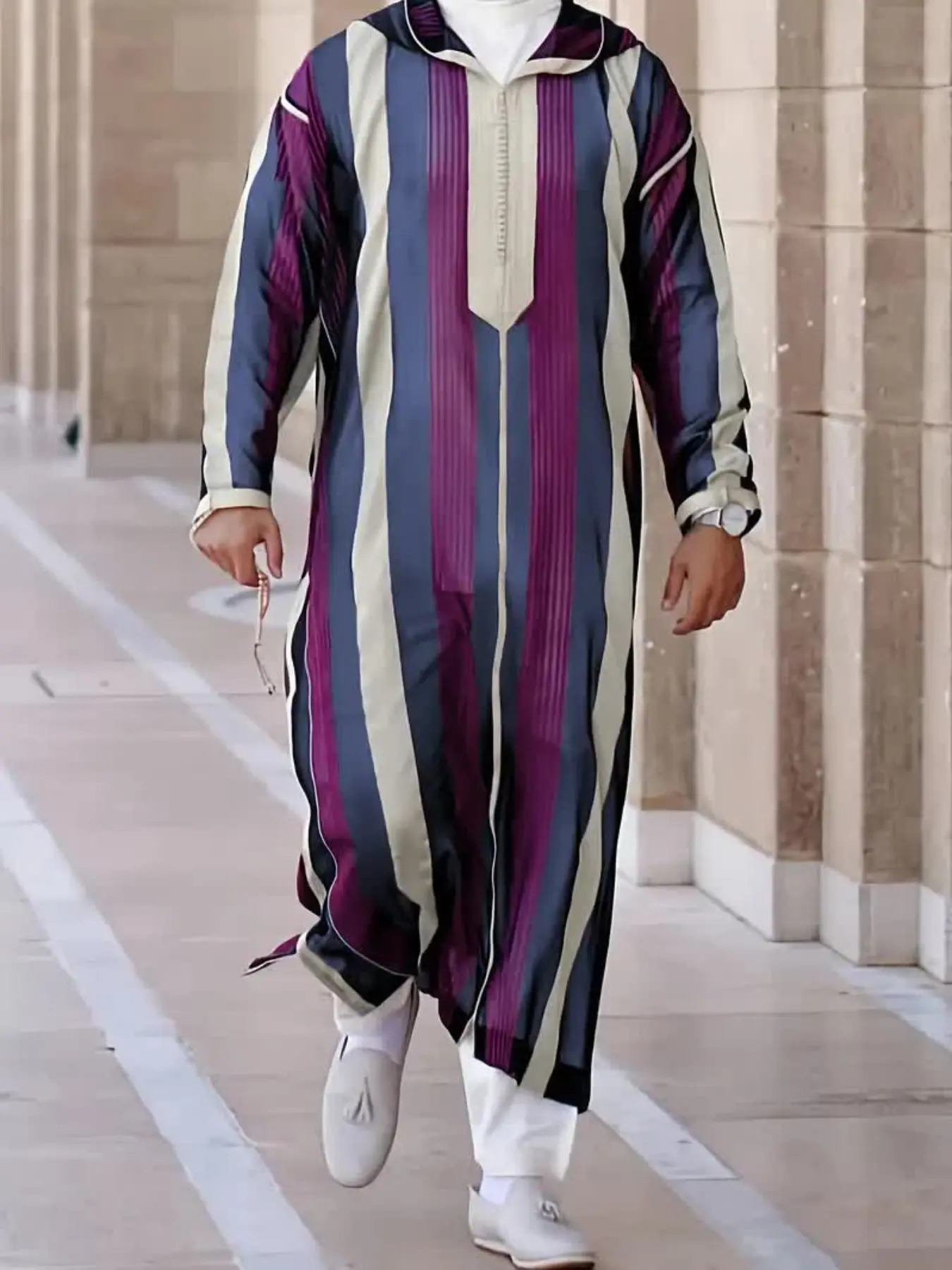 Men's Moroccan Casual Long Robe, Traditional Arabic Robe, Striped Hoodie for Ramadan & Eid Festivals, All-Season Traditional Clothing for Special Occasions, Premium Traditional Thobe