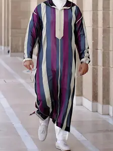 Men's Moroccan Casual Long Robe, Striped Hoodie for Ramadan & Eid Festivals, All-Season Traditional Clothing for Special Occasions, Premium Traditional Thobe