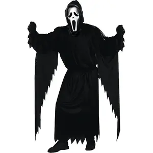 Men's Scream Ghost Face Costume – Black Halloween One Size US, Spooky Cosplay Outfit for Adults, Horror Party Costume Menswear Big Christmas Classic Clothes Robe Hoodie White Scary Set Beige Plain