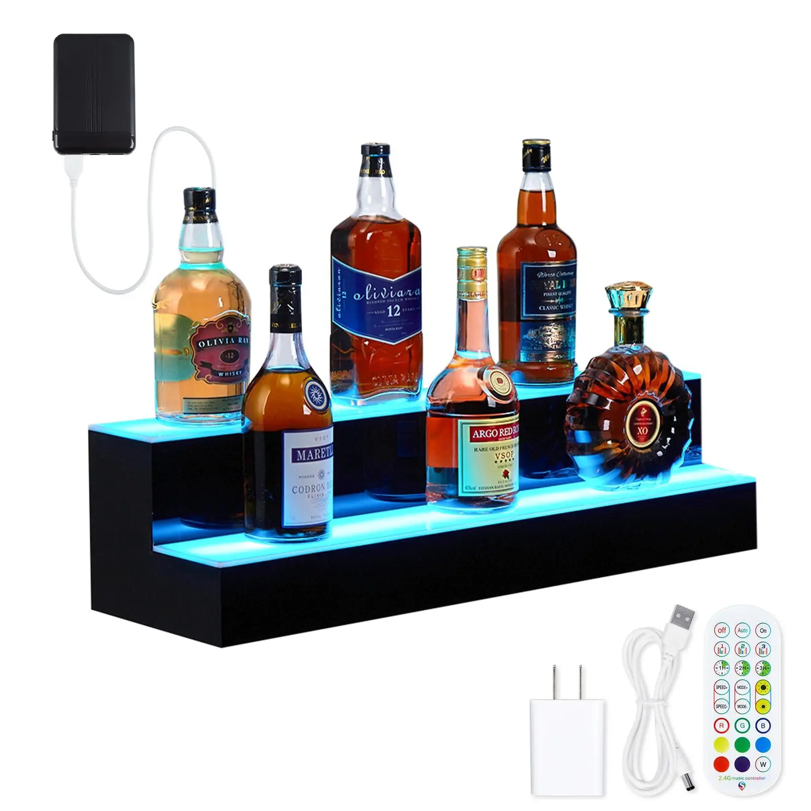 LED Lighted Liquor Bottle Display Shelf 2 Steps 30 Inches Liquor Shelf With RF Remote & App Control Acrylic Drink Shelves Multicolor Lighting Bar Shelves for Liquor Bottle Alcohol Display Shelf Stand