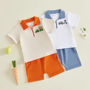 Babamoon 2Pcs Toddler Baby Boy Easter Outfits Short Sleeve Lapel Neck Carrot Cross Truck Embroidery T Shirt Tops and Shorts Clothing Set 6M-4Y