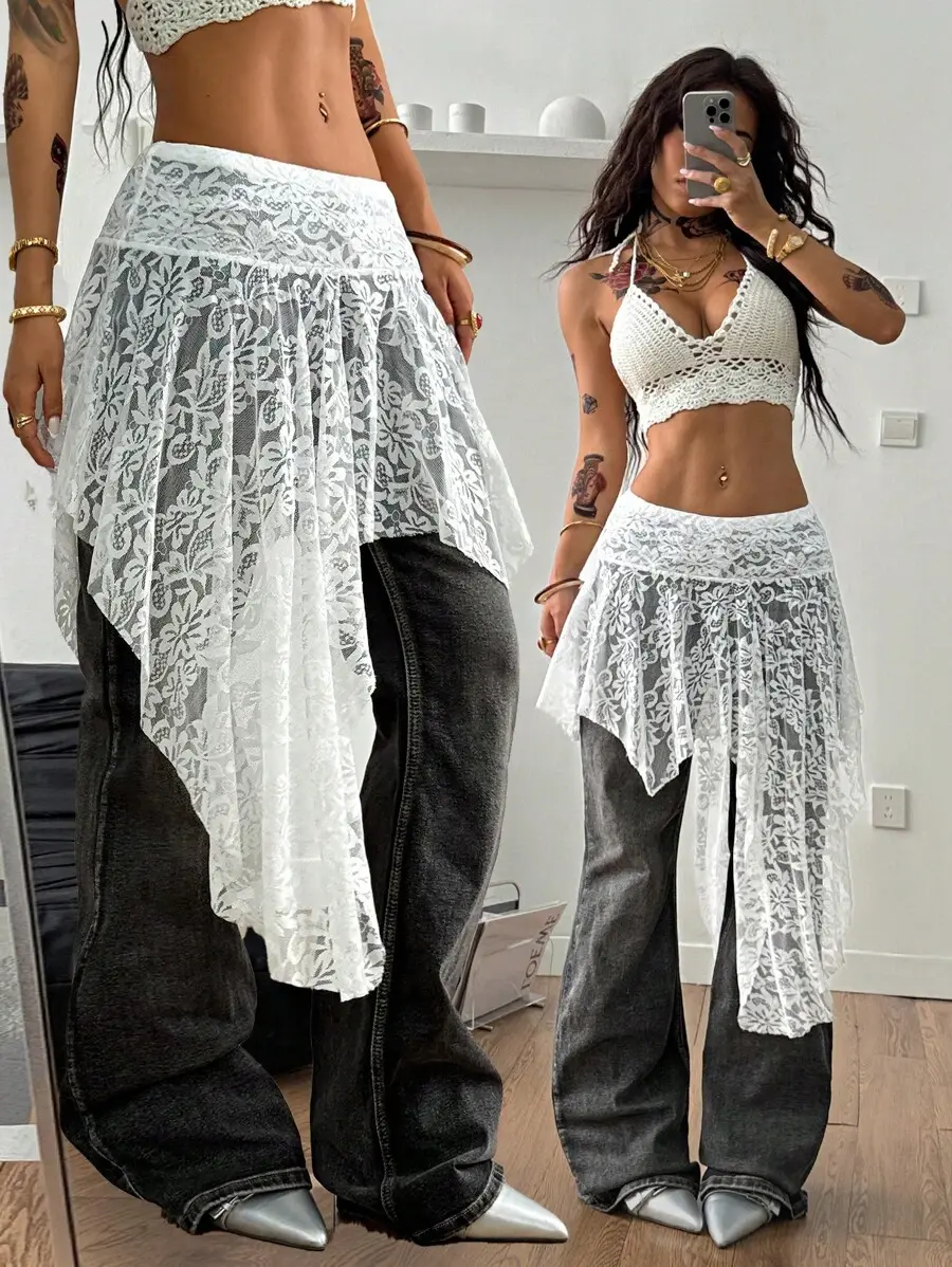 Women's High-Waist Knitted Soft Aesthetic Skirt - Lace Trim, See-Through, Asymmetrical Midi Length, Fashionable Fabric, Flattering Fit, Smooth Drape, Casual Streetwear Bottoms