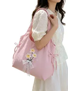 Mint Daisy Embroidered Heart Bag, Foldable Fashion Shoulder Bag, Large Capacity Tote Bag, Ruched Corset Handbag, Lace Bow Decorated Women's Bag