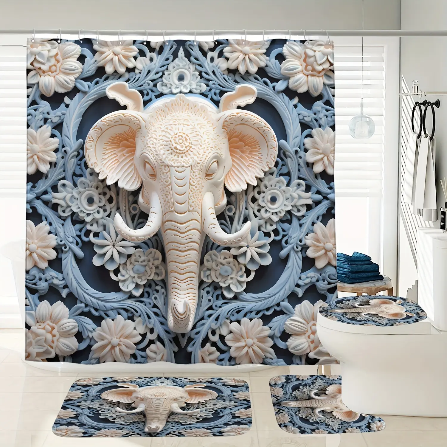 HOT 1/3/4pcs Floral Elephant Pattern Shower Curtain Set  Waterproof Shower Curtain With 12 Hooks  Non-Slip Bath Mat  U-Shaped Toilet Mat  Toilet Mat  Bathroom Accessories Flower