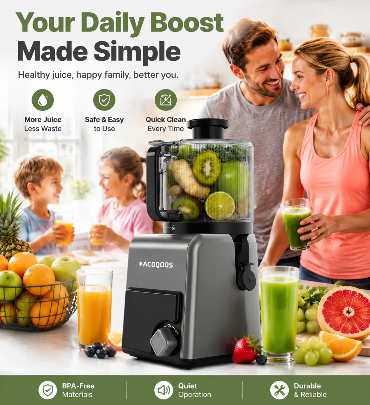 Juicer, ACOQOOS Cold-Press Juicer, featuring a 6.5-inch extra-large feed chute that accommodates whole fruits and vegetables, dishwasher-safe for easy cleaning, high juice yield, quiet operation, and BPA-free