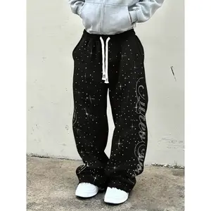 Men's Street Style Wide Leg Casual Sweatpants, Casual Streetwear Trousers, Unique Galaxy Rhinestone Design, Loose Fit, Elastic Waist, All Seasons Wear