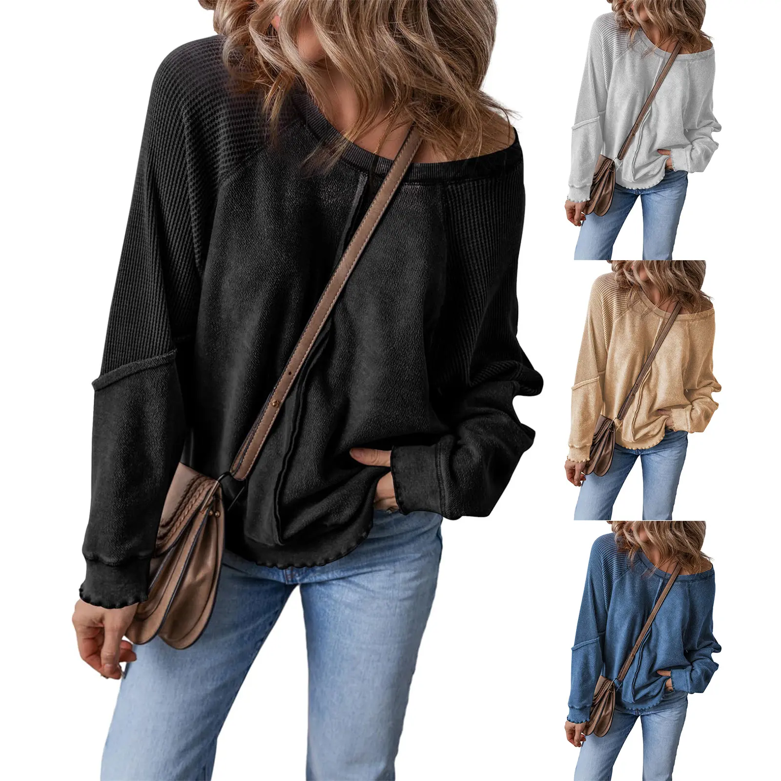 Women's Knit Waffled Loose Crew Neck Long Sleeve Patchwork Sweatshirt, Casual Knitwear Loose Casual Jumper, Sports & Outdoor Tops Streetwear, Full Sleeve