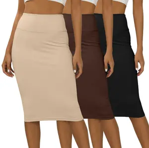 Real Essentials 3 Pack: Womens Soft Midi Skirt – High Waisted Pencil Work Office Business Casual Skirts with Back Slit Plus