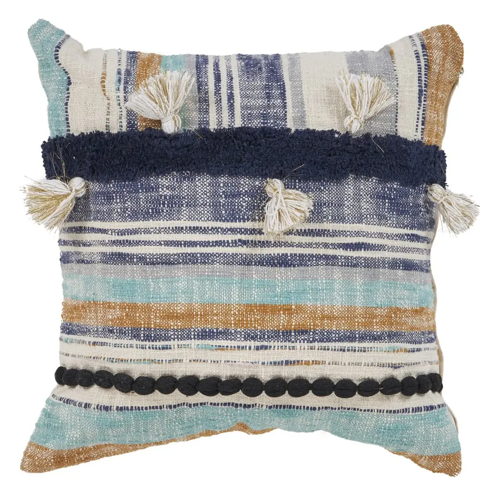 HomeRoots 18 x 18 in. Hand-Crafted Bohemian Textural Designer Patchwork Tasseled Zippered Square Pillow - Soft Cotton Cushion for Home Decor