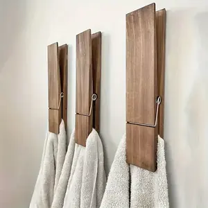Rust-Proof Wooden Towel Rack with Large Clothespins - Wall-Mounted Design for Bathroom, Bedroom, Kitchen & Clothing Storage - Natural Finish, Durable & Stylish Organizer, Towel Holder for Bathroom
