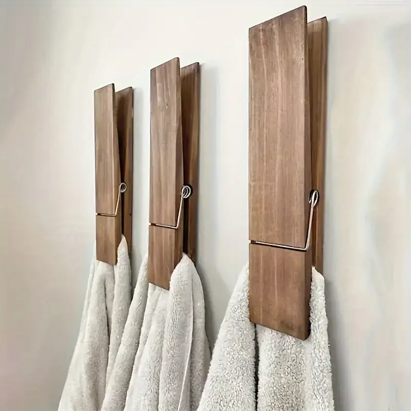 Stainless Steel-Wooden Farmhouse Towel Rack with Jumbo-Size Hand Clothespins - 12" Tall Wall-Mounted Bathroom Organizer, Wall-Mount Frees Counter Space, Stylish Natural Finish for Bathroom Accessories Set, Nursery Décor