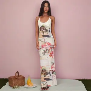 Knit Halter Tie-Waist Backless Maxi Mermaid Dress for Women's Floral Print U-Neck Slim Fit 2025 Fall New Arrival - Perfect for Night Party Dating Casual Elegant Sleeveless Beach Vacation Dress summerwins