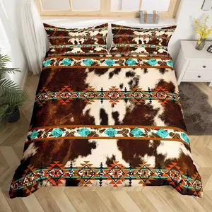 Feelyou Brown Highland Cow Print Duvet Cover Set - Breathable Microfiber Bedroom Bedding Set, Western Aztec Decorative Cowhide Quilt Cover, Farmhouse Wild Animal Cowboy Themed (No Comforter), Breathable Duvet Set,summervibes