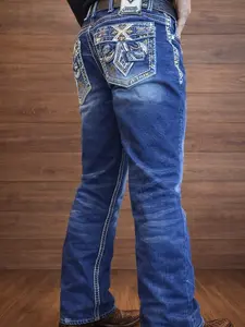 Xecondo Yves Men's Light Blue Jeans with Embroidery on Back Pockets Fitted Straight-Leg Denim for Casual Occasions