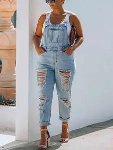 Women's Plus Size Denim Overall Pants, Ripped Trendy Design, Summer Cool Wear, Adjustable Straps, Casual Long Pants for All Seasons