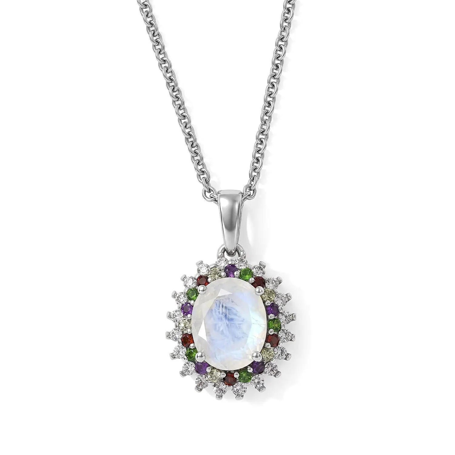EverTrue Rainbow Moonstone and Multi Gemstone 3.35 ctw Pendant in Platinum Bond with Stainless Steel Necklace (20 Inches)
