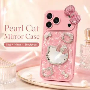 Cute Cat Mirror Protective Smartphone Casing, Pearl Shell Texture Shockproof Cellphone Accessory with Full Camera Protection for iPhone 11-17 Pro Max Plus