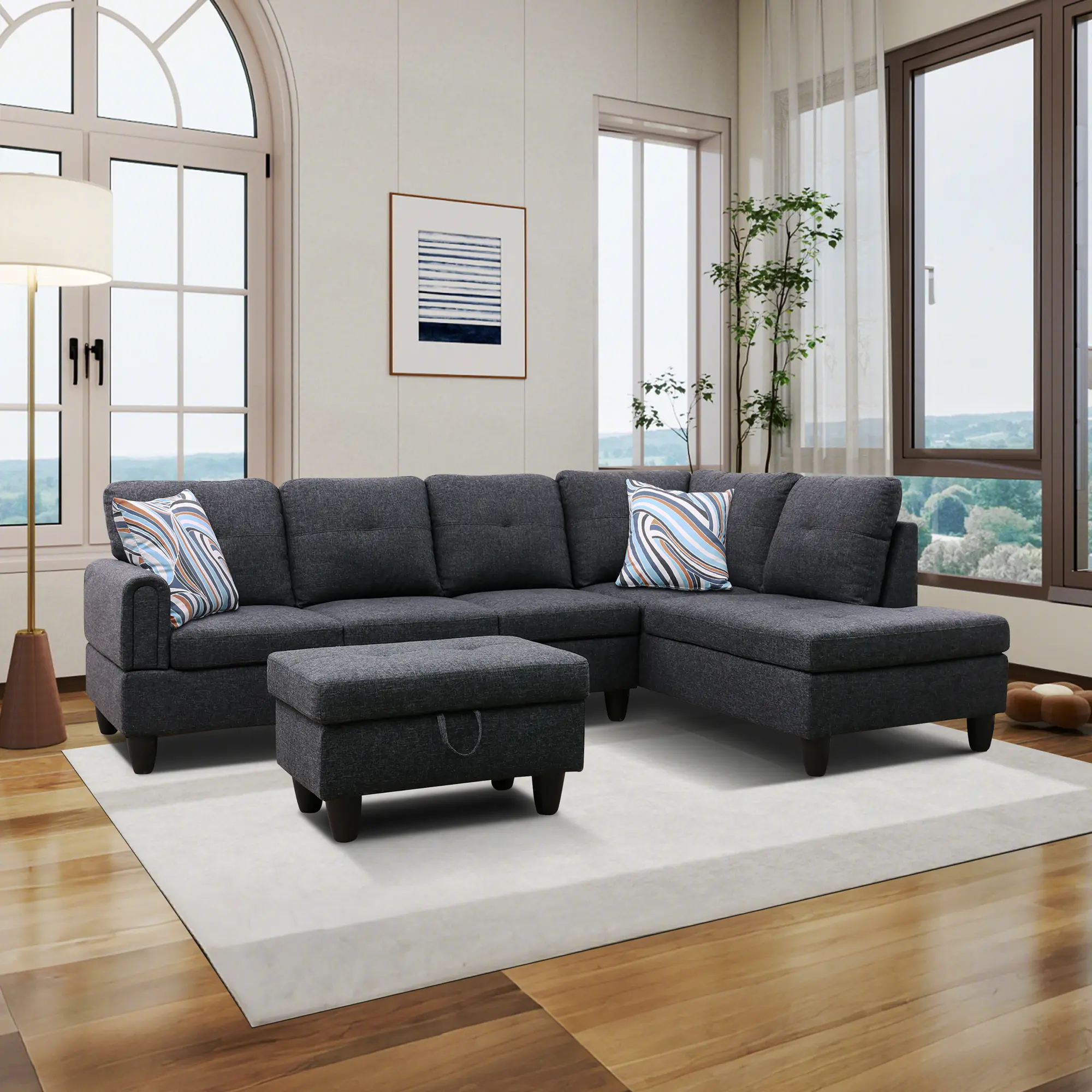 Modular L-Shaped Corner Sectional Sofa Set with Storage Footstool, Soft Linen Fabric Sofa Sectional Couch for Apartment, Small Space