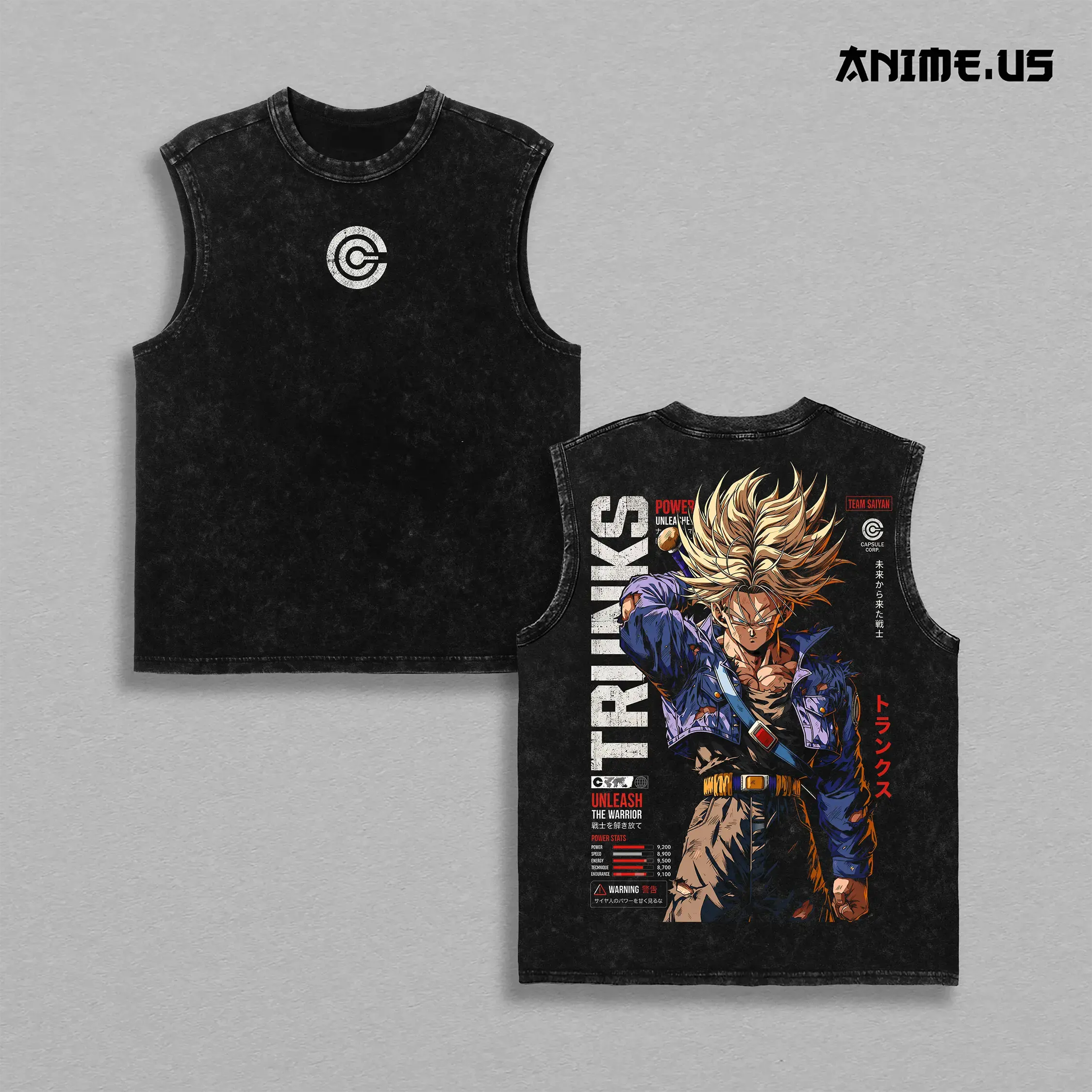 Future Trunks Capsule Corp Vintage Washed Anime Tank Top, DBZ Back Print Graphic Tank, 90s Anime Streetwear Heavyweight Cotton Oversized Sleeveless Shirt, Distressed Unisex Graphic Top