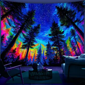 1pc UV Glow in the Dark Tapestry - Starry Sky Forest Fluorescent Wall Hanging, Large Peach Light Beige Fabric with Hand-Stitched Edges, Wrinkle-Resistant Indoor Decor for Bedroom, Living Room, Parties & Festivals (No Installation Needed), Bedroom Wall Dec