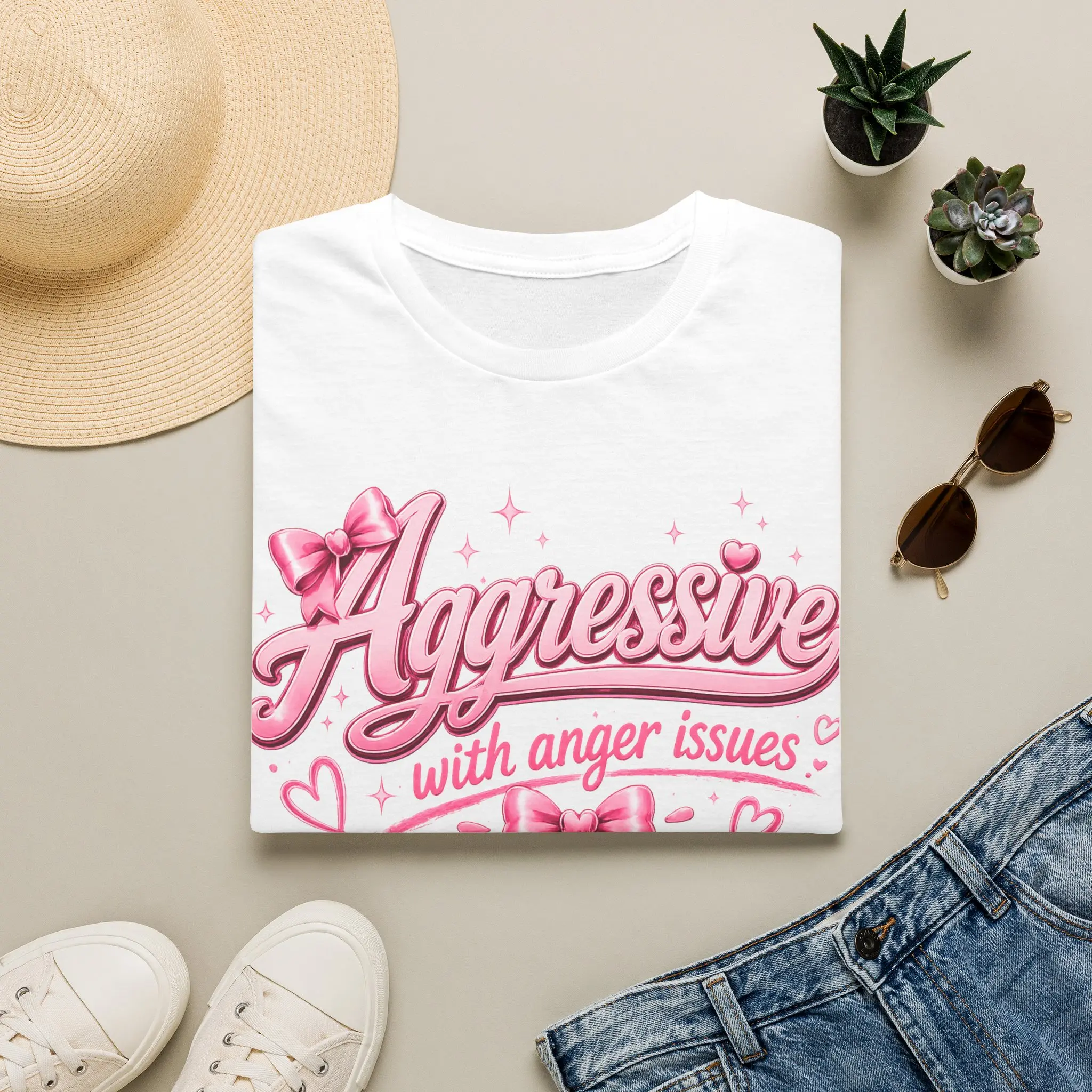 Aggressive with anger issues T-Shirt | Pink Retro Script, Cute Ribbon Design