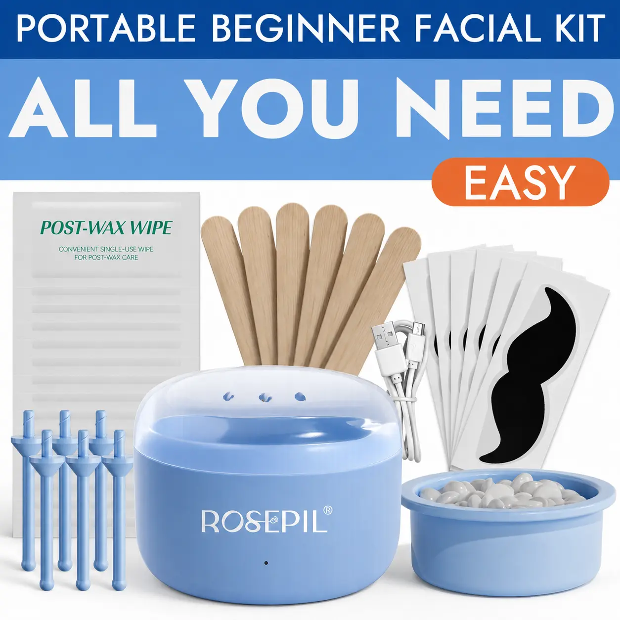 ROSEPIL Mini Nose & Face Wax Kit for Men & Women | Painless Face Hair Removal | USB Portable Warmer | BLUE Waxing Kit Set Heating Waxing Kit Wax Beads Cosmetic,travel essentials,sunscreen