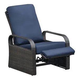 Outdoor Automatic Wicker Recliner Chair with 5.12" Cushions Push-Back Lounge with All-Weather PE Wicker & Aluminum Frame Blue