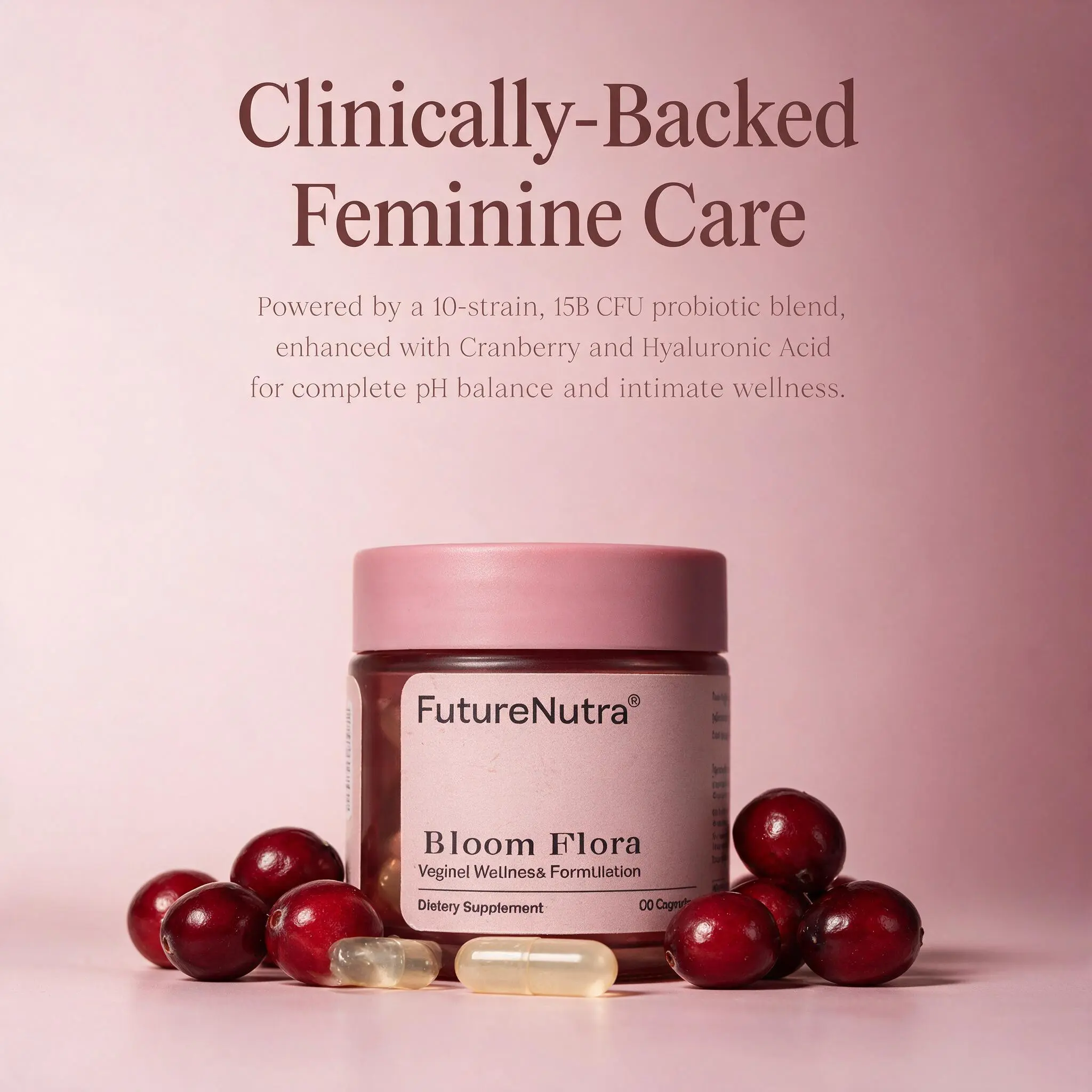 FutureNutra Women's Probiotics - Clinically-Backed 10 Strains 15B CFU for pH Balance & Intimate Health - With Cranberry, Hyaluronic Acid & GMP Certified - 30 Vegan Capsules