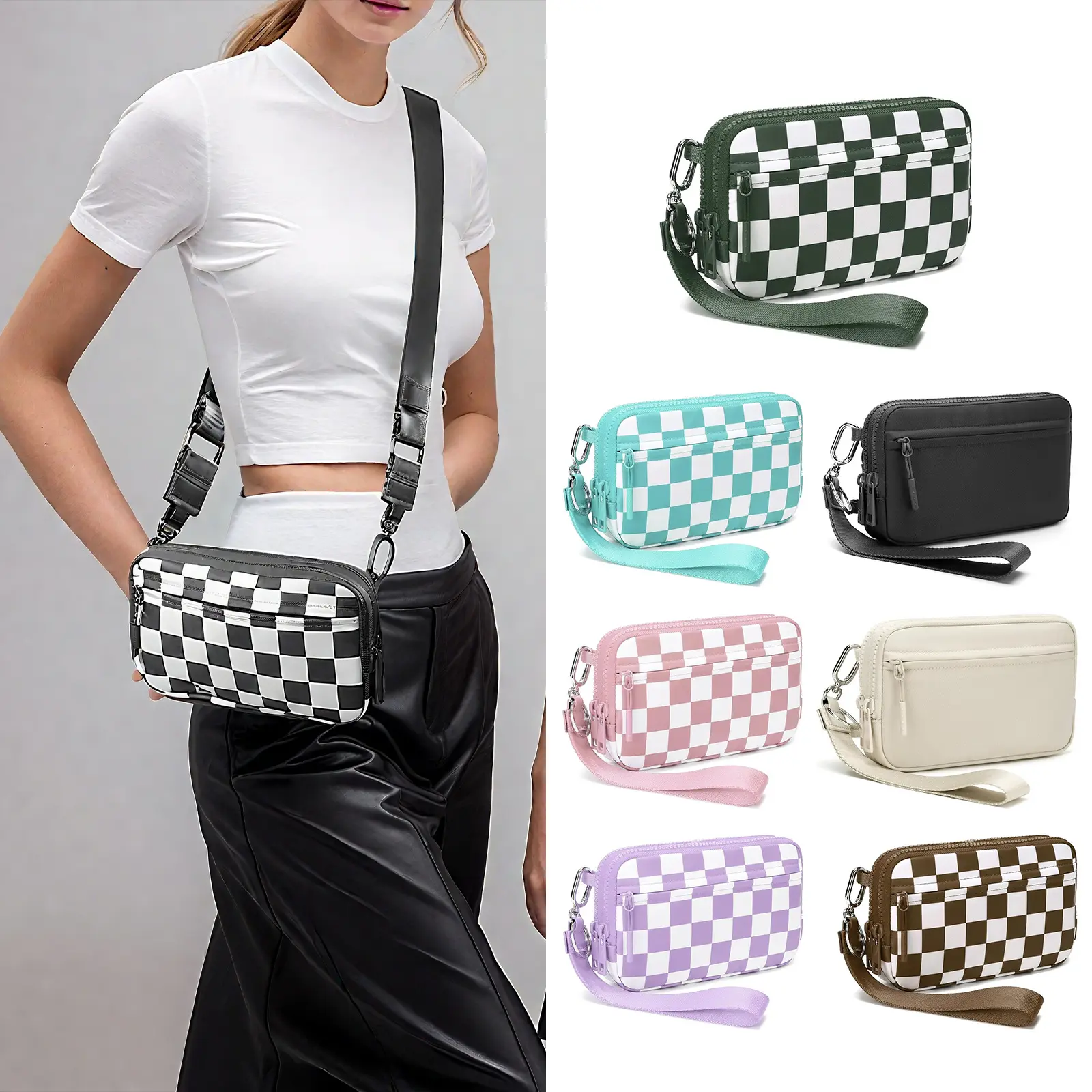 Handbag Zipper Women Oxford Cloth Fashion Checkerboard Handheld Crossbody Multifunctional Bag 2026 New Home Storage Bag Wallet with Handle and Strap 4.72in x 7.48in x 1.18in Wristlet Strap Included Colorblock Bag, Commuter Crossbody Bag