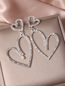 Elegant Rhinestone Decorated Double Heart Shaped Dangle Earrings (1 Pair), Fashion Jewelry for Party, Daily Clothing Decor, Trendy All-match & Exquisite Jewelry for Birthday Gift, Valentine's Day, Gift, Statement Earrings, Fashion Accessory