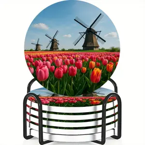 6-Piece Coaster Set Windmill Tulip Design Ceramic Non-Slip Heat Resistant for Coffee & Drinks Home Restaurant Decor Ideal Gift