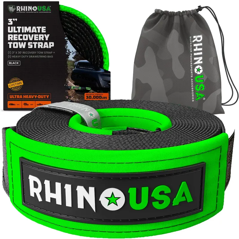 Rhino USA Recovery Tow Strap (3" x 20') 31,518lb Break Strength - Heavy Duty Emergency Recovery Strap Tow Rope for Offroad 4x4 Use for Truck, UTV, ATV Car Accessories