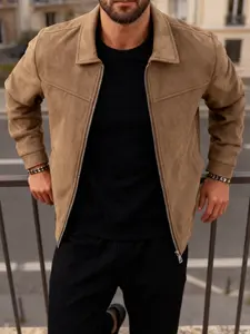 Men's Lightweight Business Lapel Jacket Coats, Zipper Closure, Faux Suede Fabric, Casual Slim Fit Outerwear, Easy Care