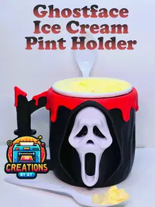 3DCreationsByGT Ghostface Ice Cream Pint Holder with Spoon Slots Eco-Friendly 3D Print for Horror Movie Nights 16 oz Capacity Free Gift Included