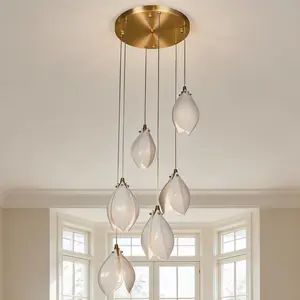 50-Inch 6-Light Magnolia Ceramic Pendant Light - Brushed Bronze Multi-Tier Staggered Chandelier with E26 Adjustable Long Cord, 110V High Ceiling Hanging Lamp for Staircase, Foyer