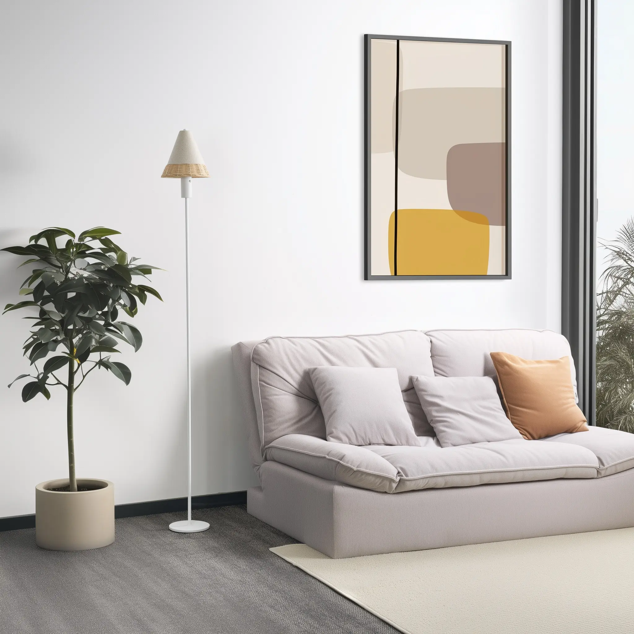 Two-Tone Splicing Floor Lamp, Minimalist Rattan and Fabric Lampshade Light with 3 Color Modes for Living Room, Bedroom, or Reading Corner